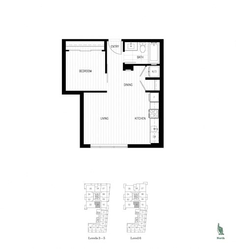 Floor plan for 1 bed, 1 bath, 505 sqft